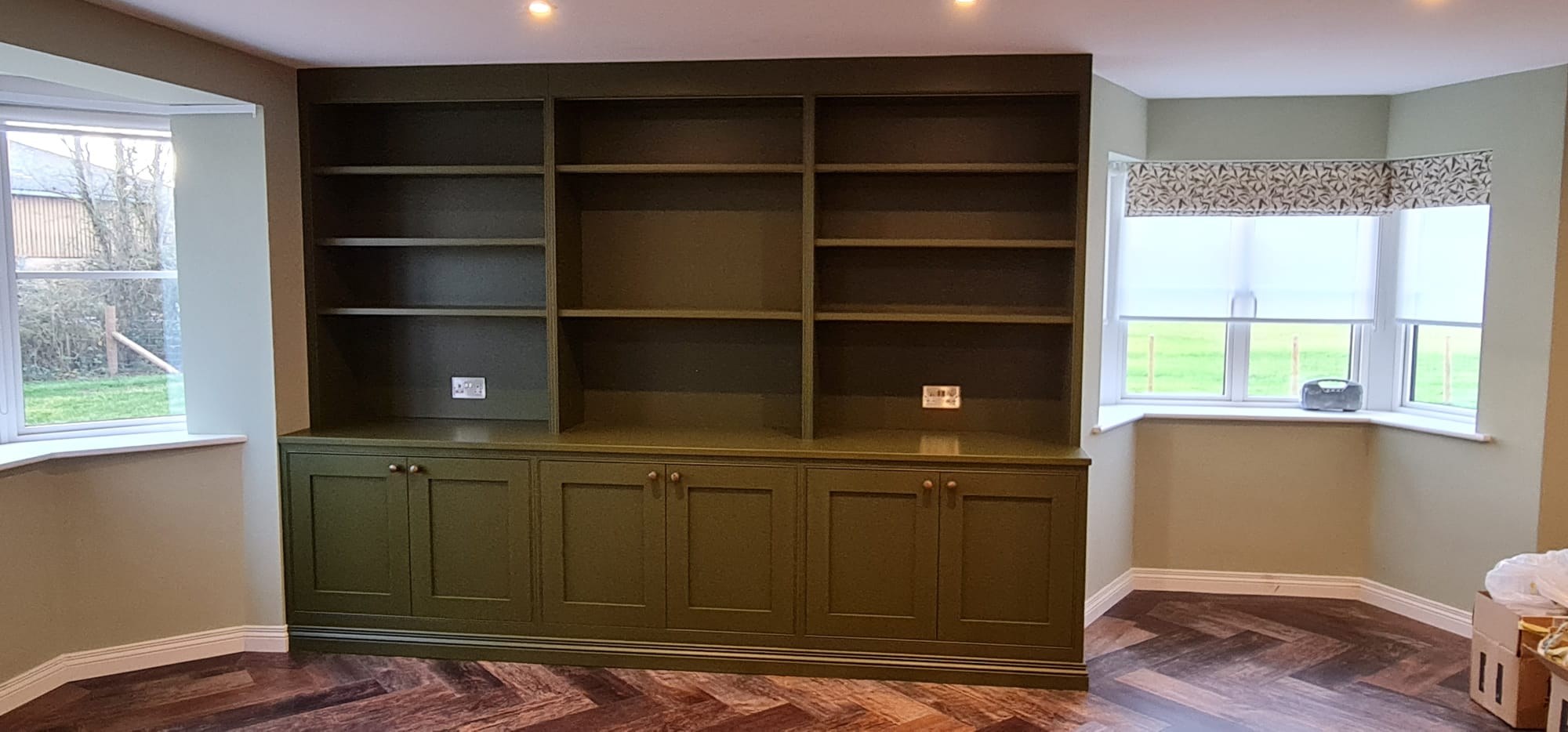 Bespoke built-in library shelving in deep olive green